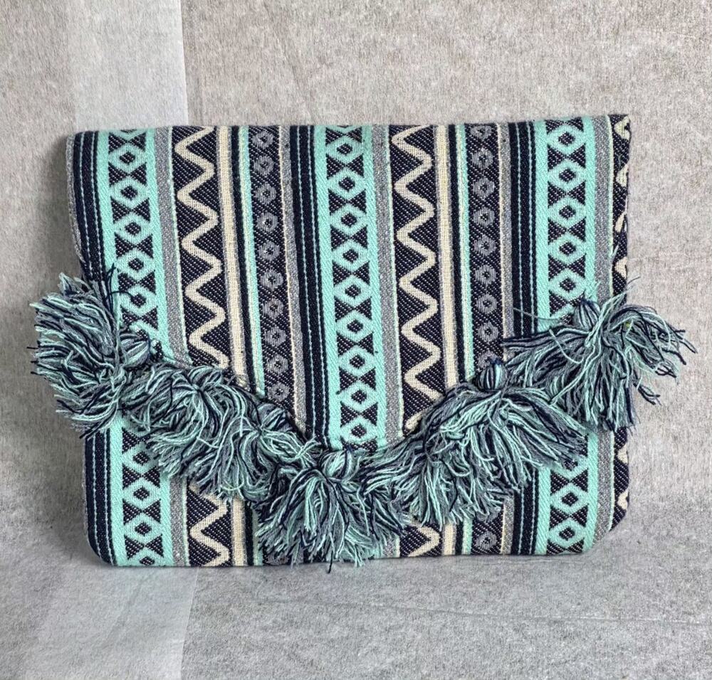 Mud Pie Fold-over Tassel Clutch - Southwestern Aztec Pattern - Mint/Navy/Cream